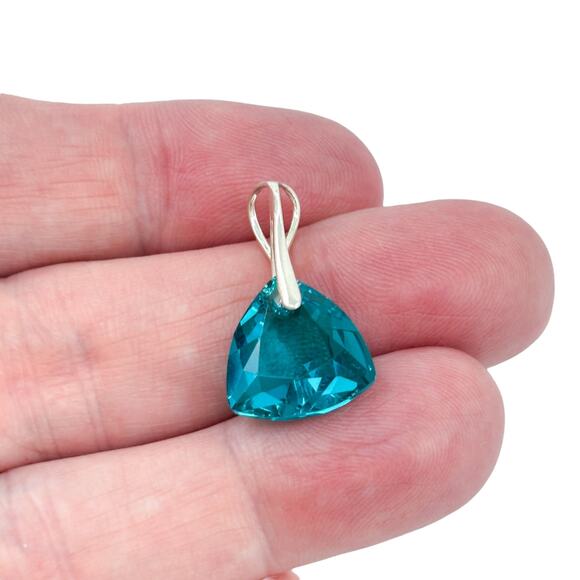 Teal Faceted Glass Pendant | Sterling Silver 925 Statement Triangle - Picture 1 of 11
